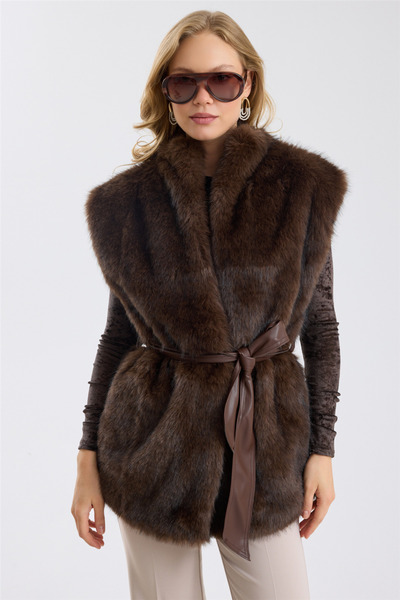 HomeStore Leather Belted Long Faux Fur Vest