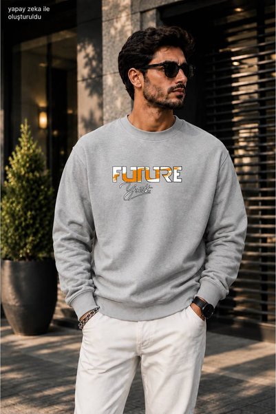 caddekombin Men's Future Youth Printed Crew Neck Casual Regular Fit Sweatshirt