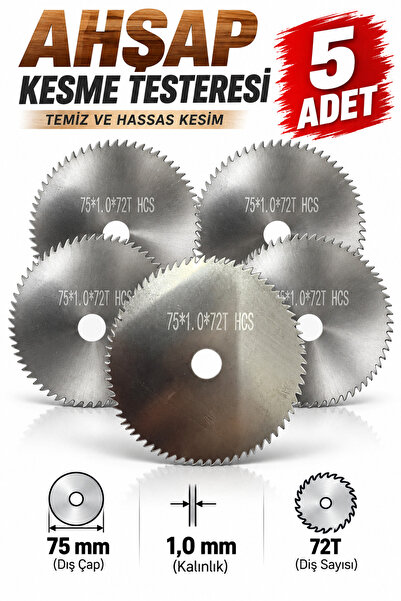 DynamicTech Ahşap Kesme Testere Diski 75 mm Taşlama Testere Bıçağı Disk 5'li Set MDF Sunta Hassas Temiz Kesim