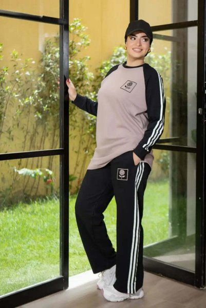 Generic Sporty Cotton Melton women's Tracksuit Set in Light Coffee and Black