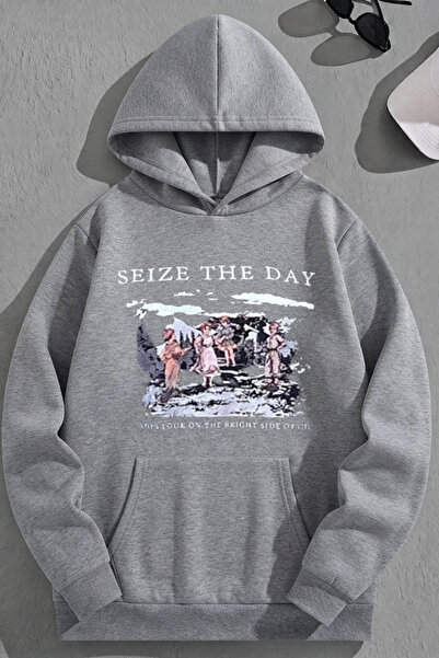 K KOZZ STYLE Unisex 3 Thread Cotton Grey SeizeTheDay Print Loose Fit Φούτερ μ...