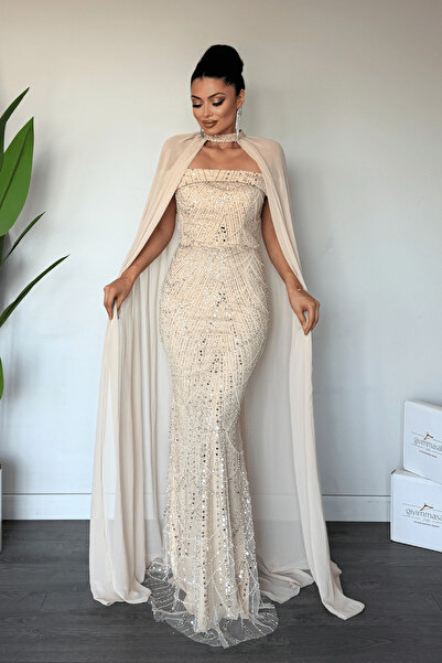 giyimmasalı Full Beaded Fabric Cape Detailed Evening Dress - Cream