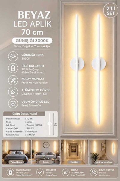 Betül Home Design BEYAZ Gün Işığı 70 cm Led Duvar Aplik 2 Adet Tekli | Pilli,...