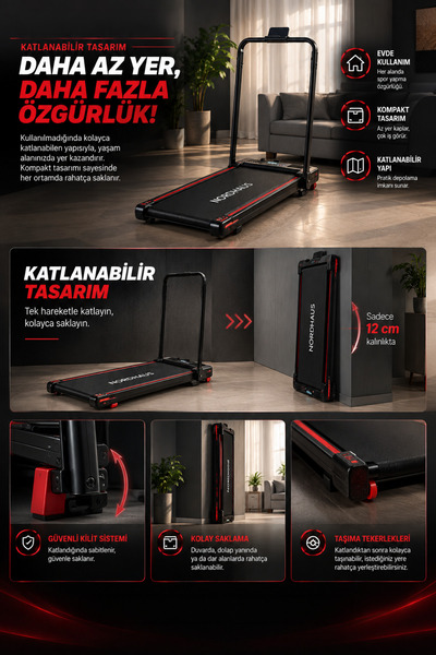 ESTİ Titreşim Modlu Yürüyüş ve Koşu Bandı – Katlanabilir, Bluetooth Hoparlörlü, Manuel Eğim - Kırmızı