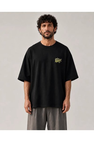 CANMODA Unisex Siyah Oversize Olive Society Zeytin Dalı Temalı Baskılı Tişört