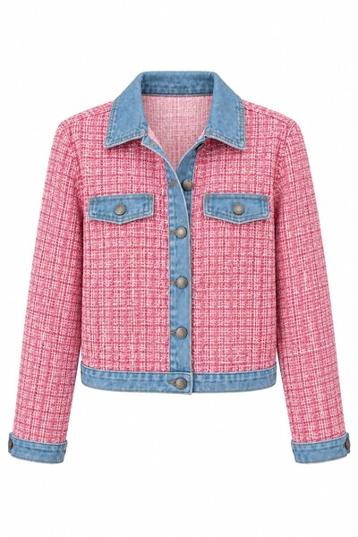 elif teke Denim Detailed Tweed Jacket Pink