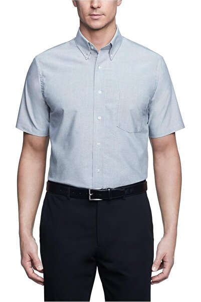 VAN HEUSEN قميص رجالي بأكمام قصيرة، قصة عادية، قماش أكسفورد، لون موحد