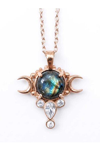 925K Gümüş Labrodorite Doğal Taş Rosegold Kaplama Ay Evreleri Kolye
