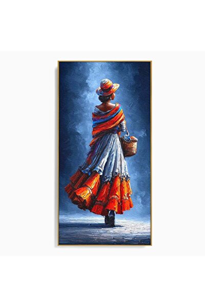 Luxcanva Tablou Canvas Femeie In Rochie Colorata 70x140 cm cu Rama Auriu Plim...