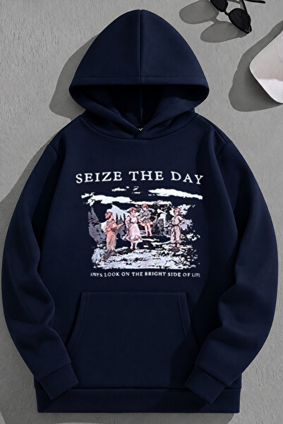 K KOZZ STYLE Unisex 3 Thread Cotton Navy Blue SeizeTheDay Φούτερ με στάμπα με...