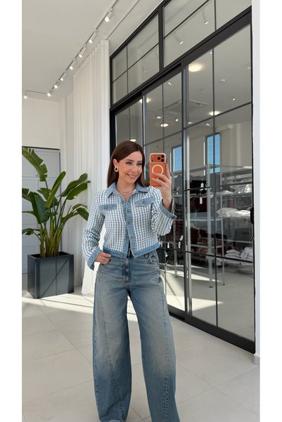 elifteke Denim Detaylı Tüvit Ceket Mavi