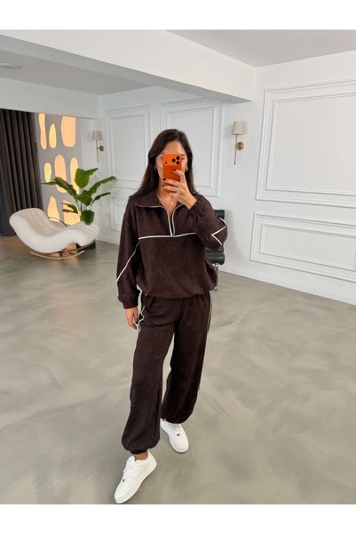 Elif Özbey Butik Kahverengi Biyeli Yarım Fermuarlı Takım