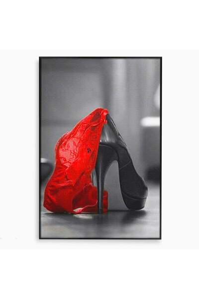 Luxcanva Tablou Canvas Stiletto Rosu 70x100 cm cu Rama Negru Pantof Lingerie ...