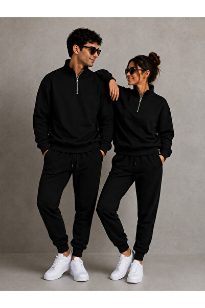 Jooy Sevgili Çift Kombini 2'li Yarım Fermuarlı Sweatshirt 2'li Eşofman Altı 4 Parça Set