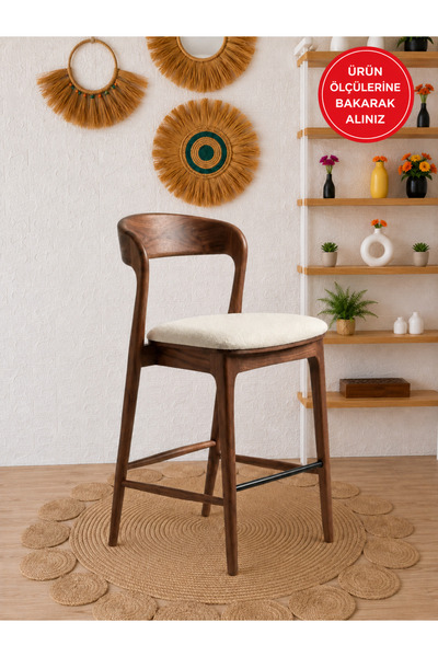 silla Yılan Bar Sandalyesi Teddy Krem Kumaş Ceviz Ahşap Ada Sandalye