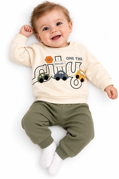 Mou&Kou Bebek Araba İşlemeli 2’li Takım Sweatshirt ve Alt Seti, Yumuşak Konfo...