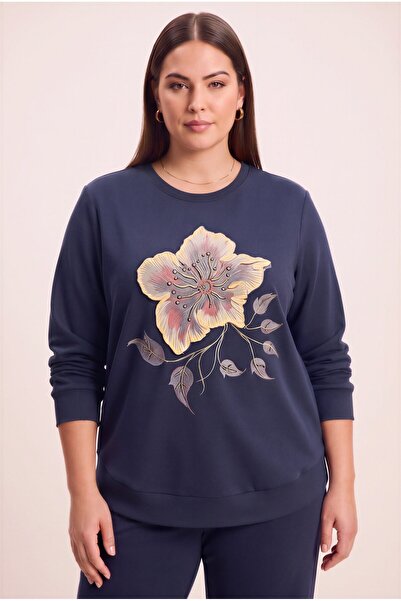 RMG Special Print Detailed Oversized Knitted Modal Sweatshirt Navy Blue
