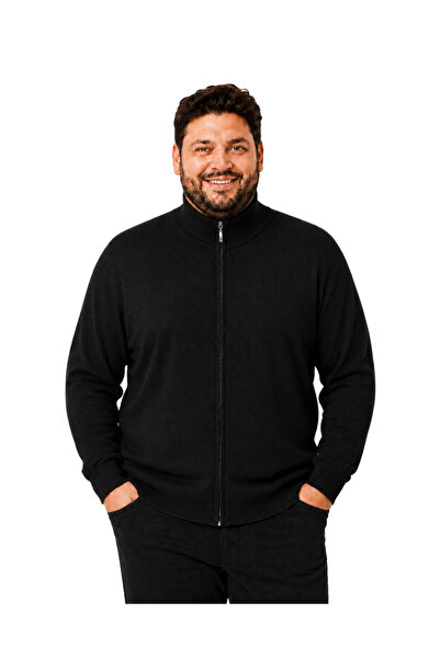 BattalModa Men's Large Size Black Zippered Stand Collar Cotton Cardigan 3Xl-4...
