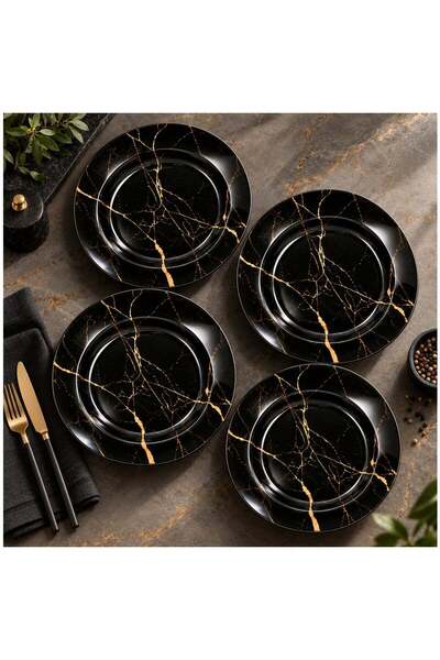Bisbell 11 Inch Deep Plate Set of 4, Black Stone Gold Marble Design Dinner Pl...