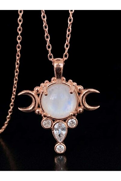 925K Gümüş Doğal Ay Taşlı Rosegold Kaplama Ay Evreleri Kolye