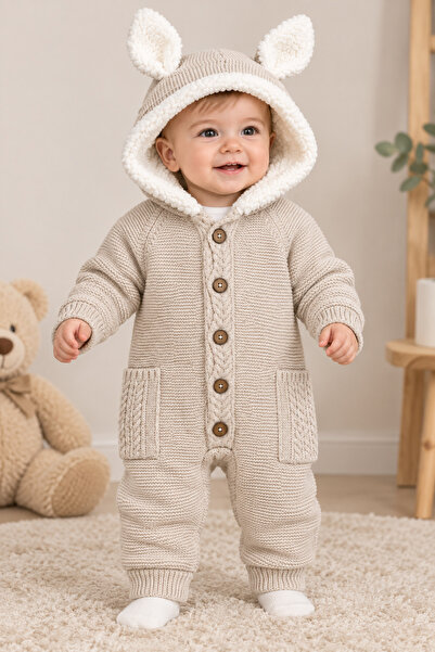 emir baby 🤍 Kışlık İçi Peluş Triko Tavşan Kulaklı Bebek Tulum