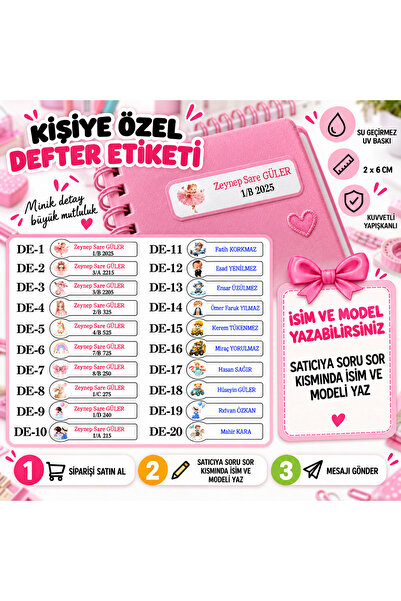 Pass Pano Kişiye Özel İsimli Defter Etiketi 2 x 6 cm 120 Adet Su Geçirmez UV ...