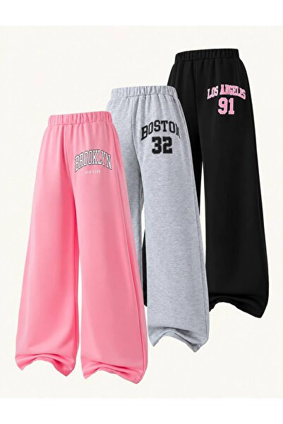 MORNİNG KİDS Kız Çocuk 3'lü Paket Baggy Kalıp Brooklyn-Boston Los Angeles Bas...