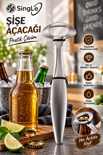 Single Pratik Şişe Açacağı Paslanmaz Çelik Ergonomik