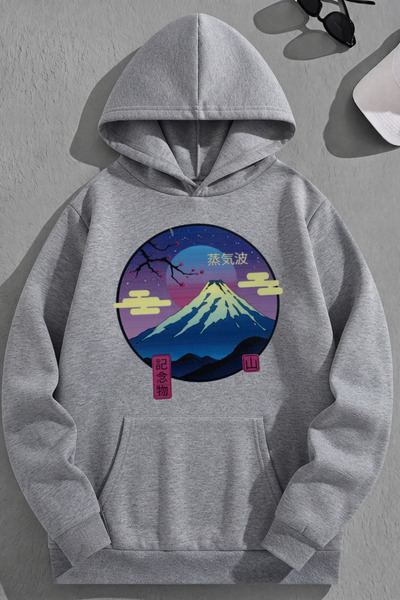 K KOZZ STYLE Unisex 3 Thread Cotton Grey Sakura Print Loose Fit Φούτερ με κου...