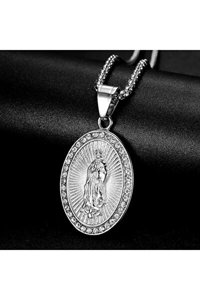 Peach Jewelry Οβάλ ατσάλινο με την Παναγία, ζιργκόν και μεγάλο ασημένιο μοτίβο