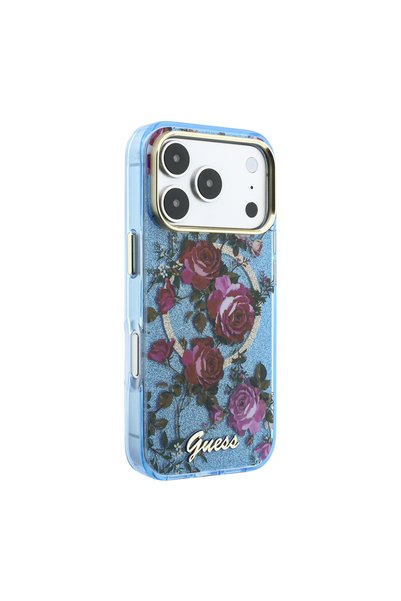 Guess iPhone 18 Pro Max Compatible Case Licensed M-Safeli Rose Patterned Glittery Text Logo Cover Light Blue