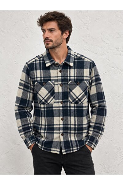 TENA Men's Navy Blue Double Pocket Capless Buttoned Regular Shirt