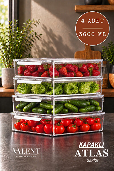 VALENT Atlas 4'lü 3600ML Kapaklı Saklama Kabı Buzdolabı Düzenleyici Akrilik