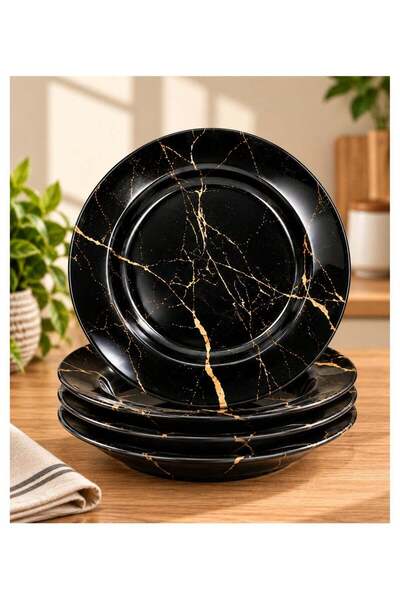 Bisbell 10 Inch Deep Plate Set of 4, Black Stone Gold Marble Design Dinner Pl...