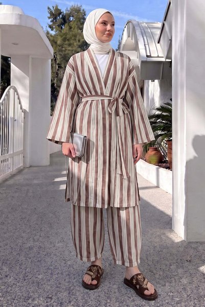 Salih Çelebi Striped Kimono Set Y0169 - Brown