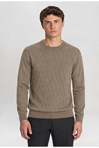TENA Men's Beige Crew Neck Diamond Knit Corspan Knitwear