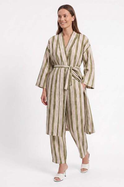 zenne Striped Kimono Set Y0169 - Khaki