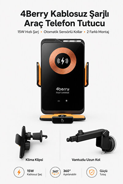 4 Berry 66W Manyetik Hızlı Şarjlı Kablosuz Araç Telefon Tutucu – Otomatik Sen...