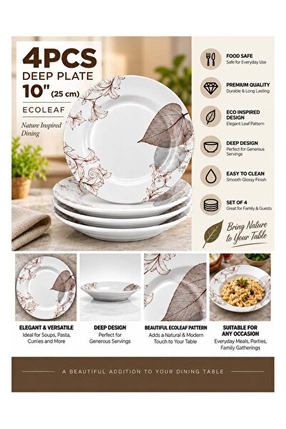 Bisbell 10 Inch Deep Plate Set of 4, ECOLEAF Leaf Design Dinner Plates, 25 cm...