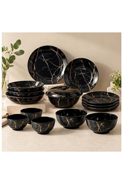 Bisbell 12 Pcs Melamine Dinner Set | Black & Gold Marble Design Dinnerware Se...
