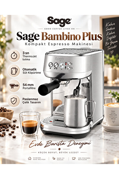 Sage Bambino Plus Espresso Makinesi – 1600W Güç, 3 Saniyede ThermoJet Isıtma,...