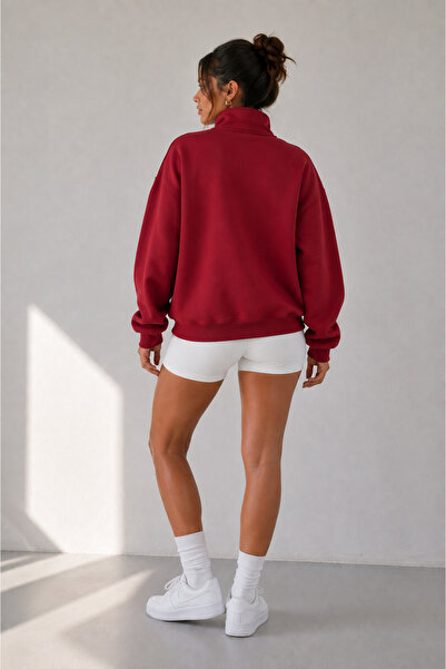 Genel Markalar Kadın Kırmızı Yarım Fermuarlı Nakış Baskılı Oversize Üç İplik Sweatshirt