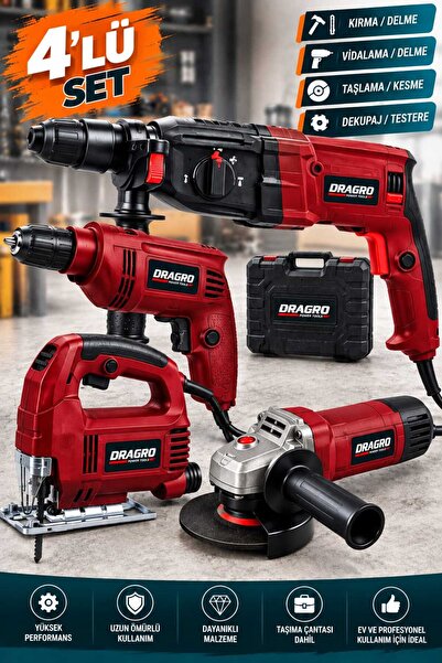 Dragro Çelik Şanzıman Elektrikli 4'lü Set Matkap, Taşlama, Kırıcı/Delici Hilt...