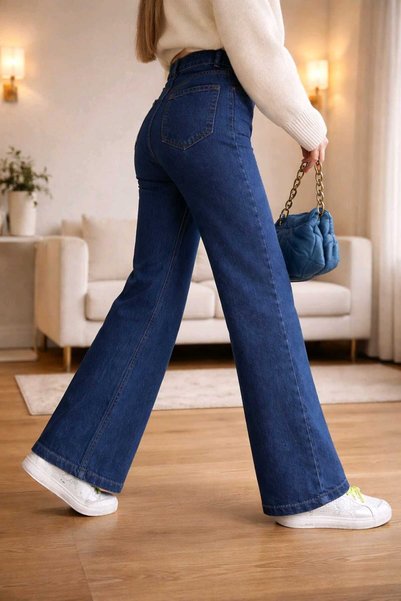 Trn JNS Likralı Salaş Kadın Lacivert Süper Yüksek Bel Salaş Paça Denim Kot Pantolon