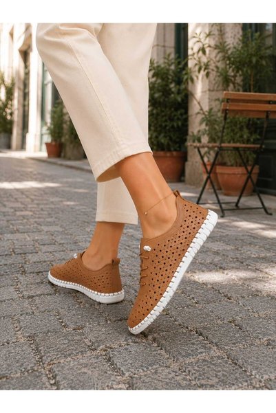 MELİS'E Tan Genuine Leather Women's Casual Shoes – Comfortable Orthopedic Sole Large Size 36-44