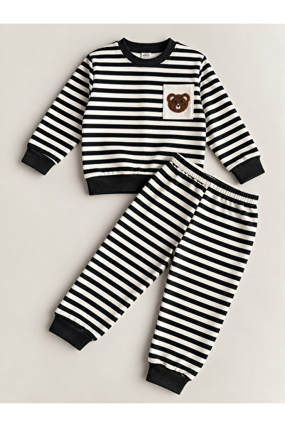 SANTRALBEBE Boy's Embroidered Striped Suit with Teddy Bear Motif
