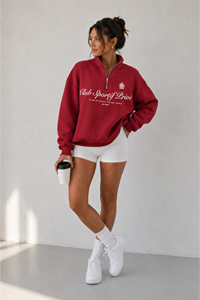 Genel Markalar Kadın Kırmızı Yarım Fermuarlı Nakış Baskılı Oversize Üç İplik Sweatshirt