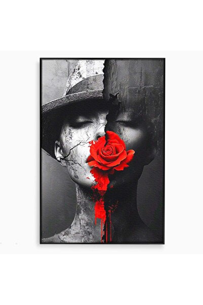 Luxcanva Tablou Canvas Portret Cu Trandafir Rosu 80x120 cm cu Rama Negru Port...