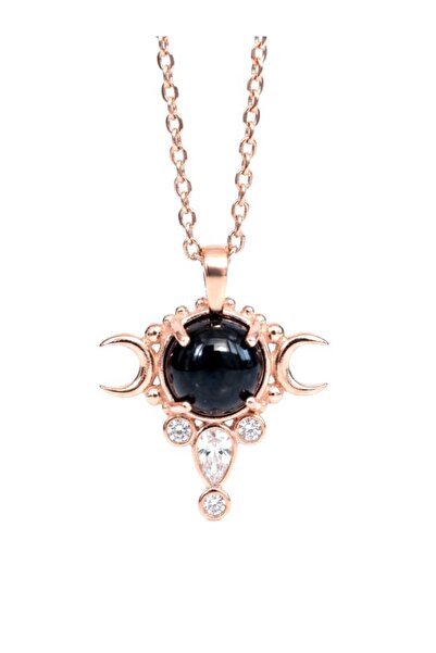 925K Gümüş Siyah Onix Doğal Taşlı Rosegold Kaplama Ay Evreleri Kolye