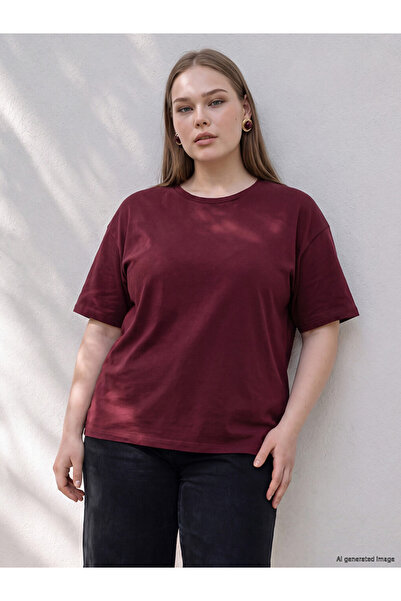 LC Waikiki Lcw Curve Damson Large Size 100% Cotton Women's T-Shirt